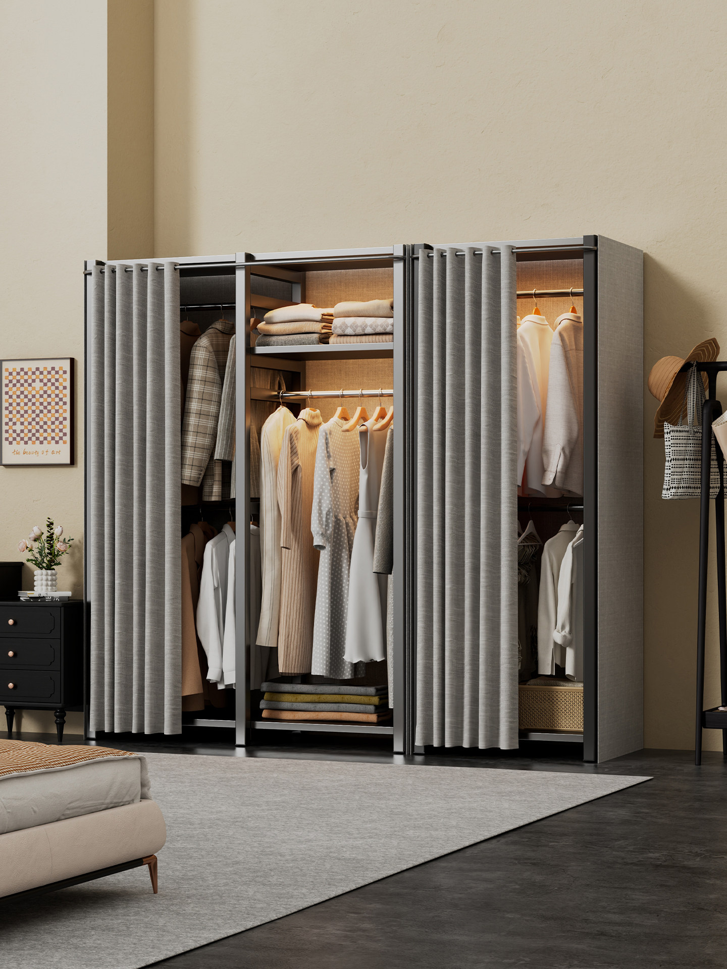 开放式衣柜家用卧室出租房用布衣柜加厚加粗全钢架落地衣帽架防尘