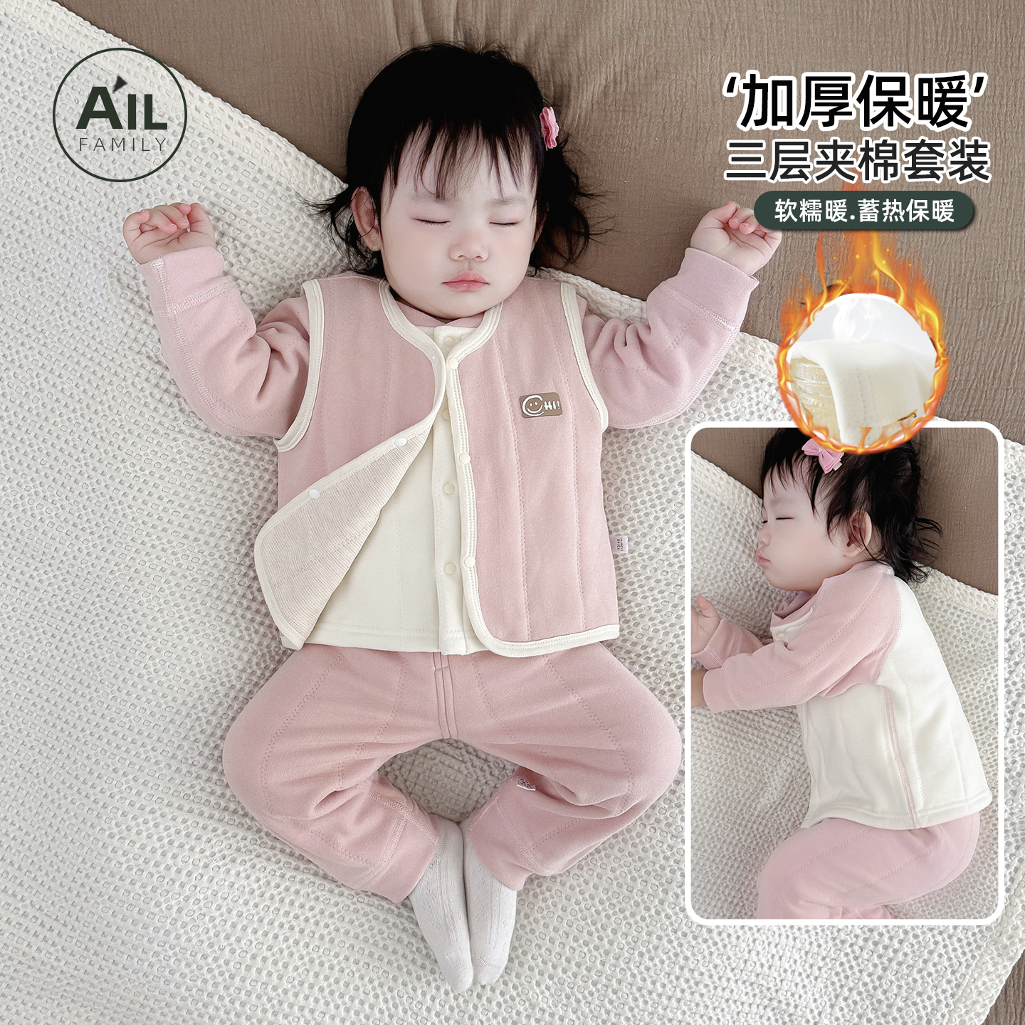 婴儿夹棉保暖套装打底秋衣秋裤