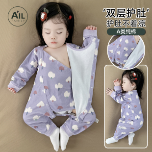 纯棉连体衣服打底春季 婴儿睡衣小月龄宝宝秋装 双层护肚外出早秋款