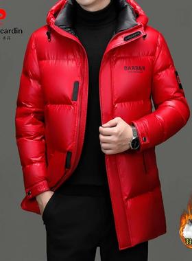 皮尔卡丹冬季新款男士中长款黑金羽绒服时尚休闲红色加厚保暖外套