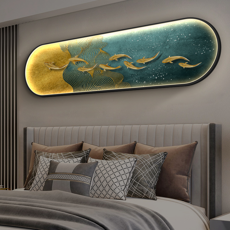 新中式九鱼图卧室床头装饰画大气主卧背景墙现代高档房间挂画横幅图片