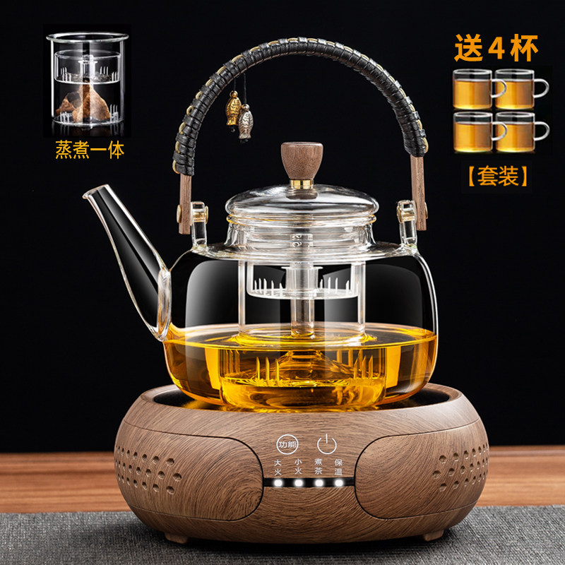 2025新款煮茶壶耐热玻璃加厚家用提梁壶蒸煮一体黑晶炉煮茶套装