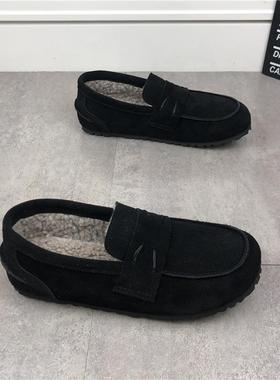 男鞋2025冬季新款加绒保暖真皮一脚蹬休闲鞋软底舒适豆豆鞋懒人鞋