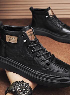 马丁靴男2025秋季新款英伦风高帮真皮休闲皮鞋黑色工装男士短靴子
