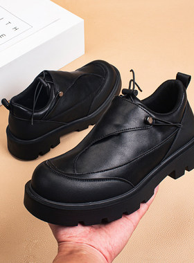 德比鞋男2025冬季新款小众高级感一脚蹬懒人厚底增高黑色休闲皮鞋
