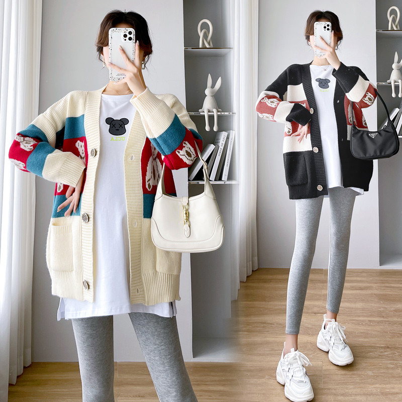 임산부 가을 의류 세트 패셔너블한 외출 긴팔 가디건 스커트 배를 덮는 루즈한 임산부 상의 투피스 니트 스웨터 세트