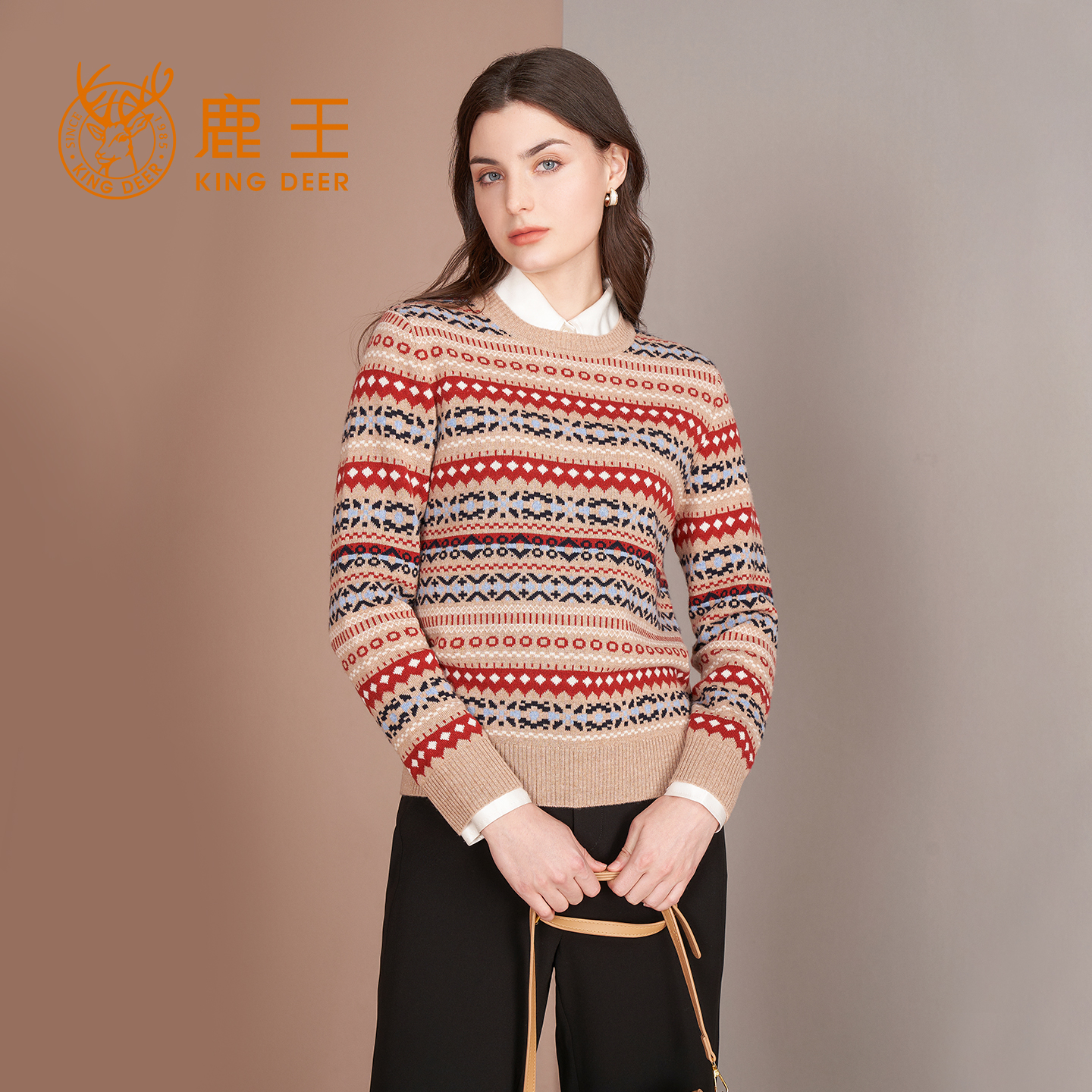 羊绒衫女士圆领提花费尔岛拼接