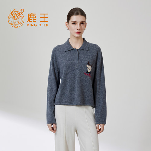 鹿王100%山羊绒女翻领套衫