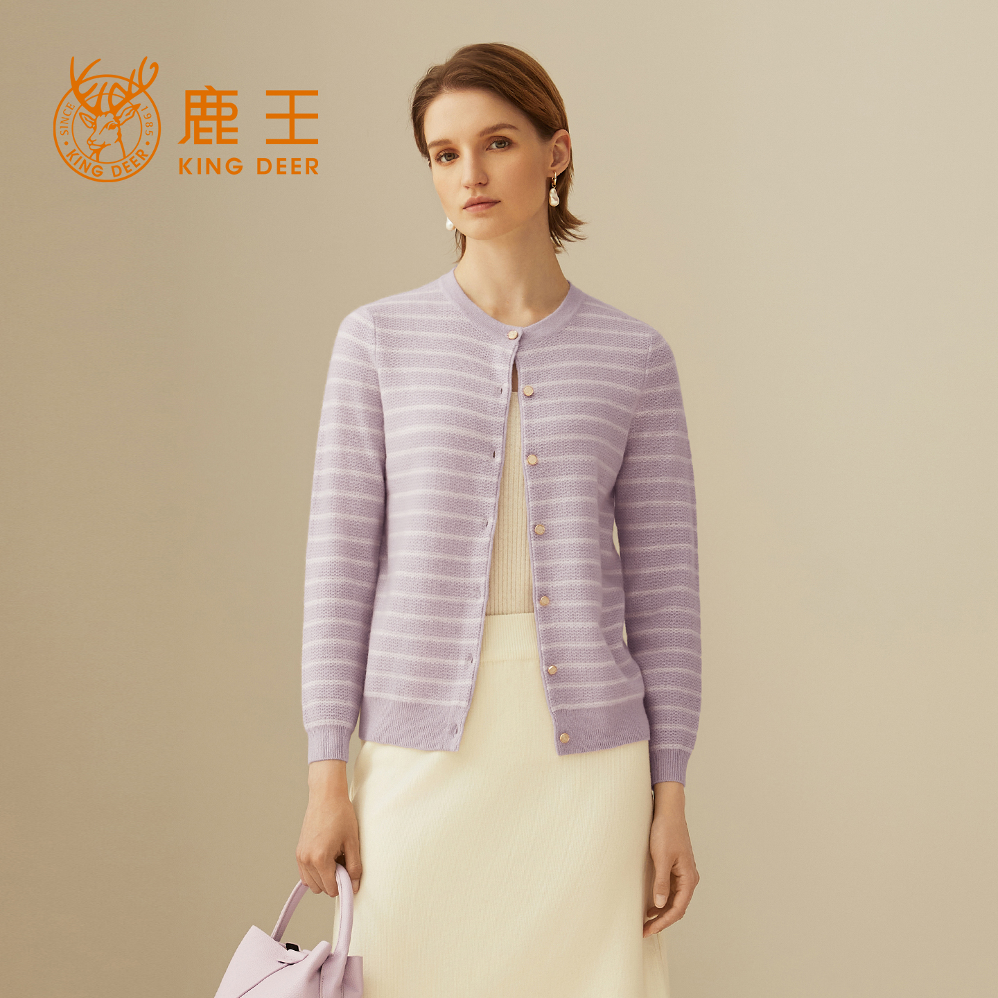 鹿王100%纯山羊绒衫针织圆领提花