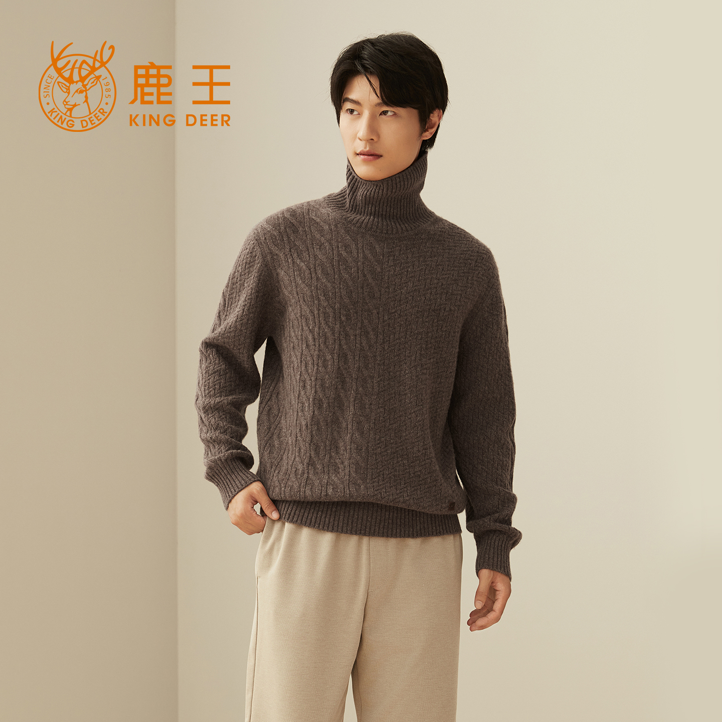 鹿王100%纯山羊绒衫男士樽领商务保暖舒适百搭高级感毛衣秋冬新款