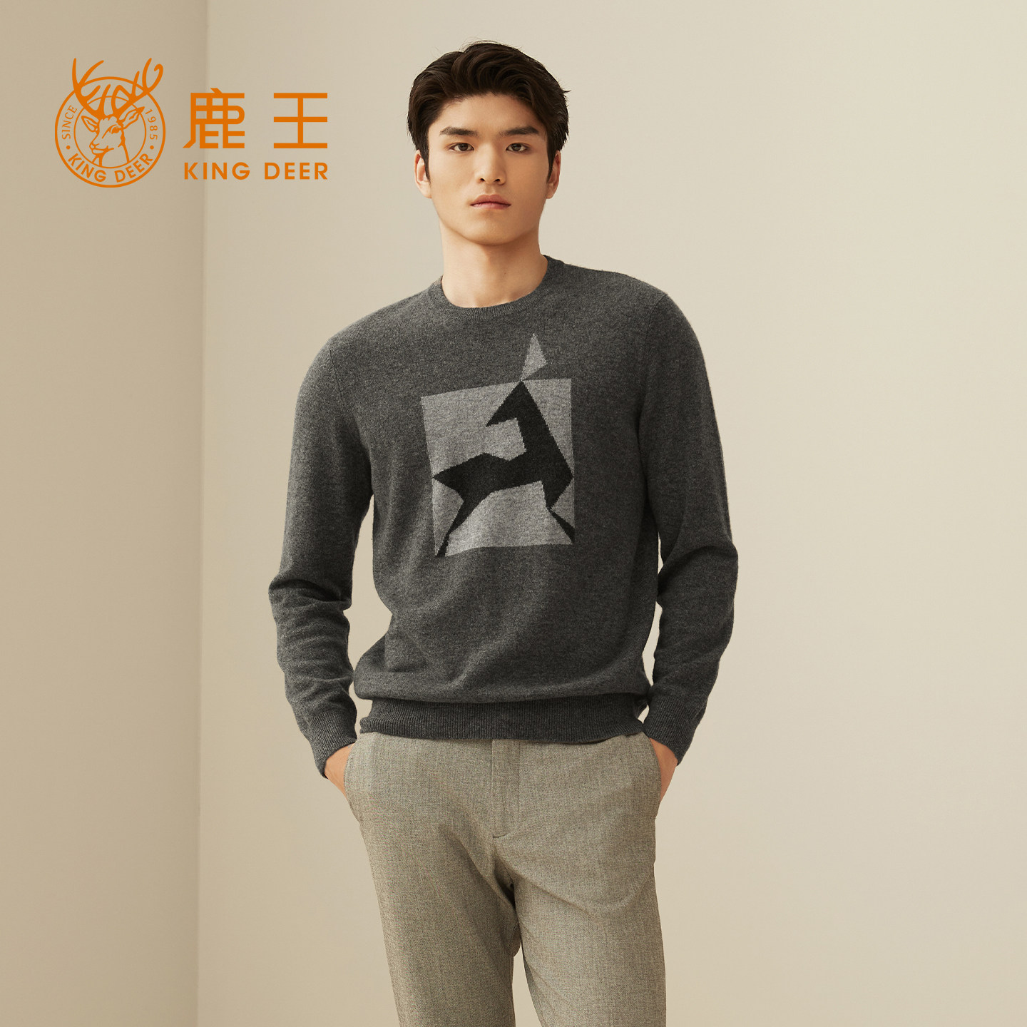 鹿王羊绒衫男士圆领平针提花简约百搭保暖休闲毛衣套衫秋冬新款