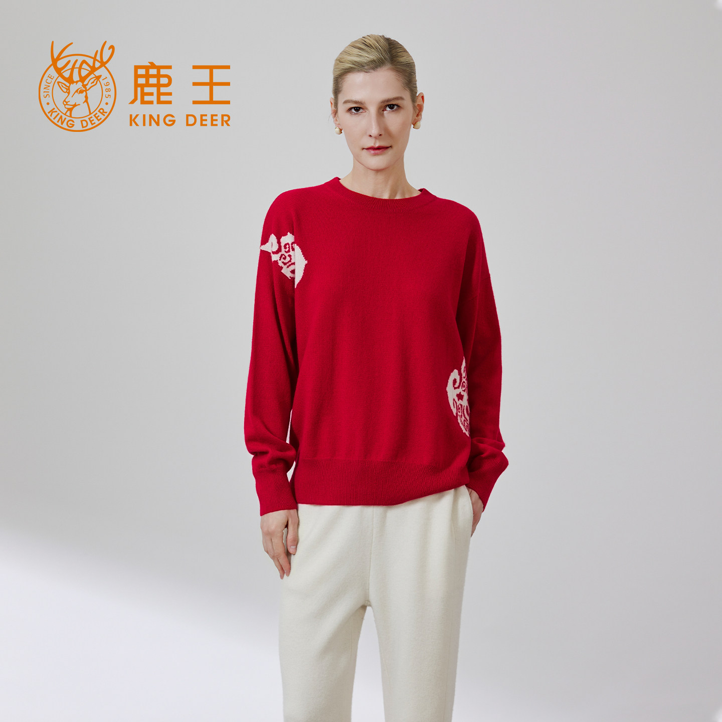 鹿王100%山羊绒女提花保暖针织衫
