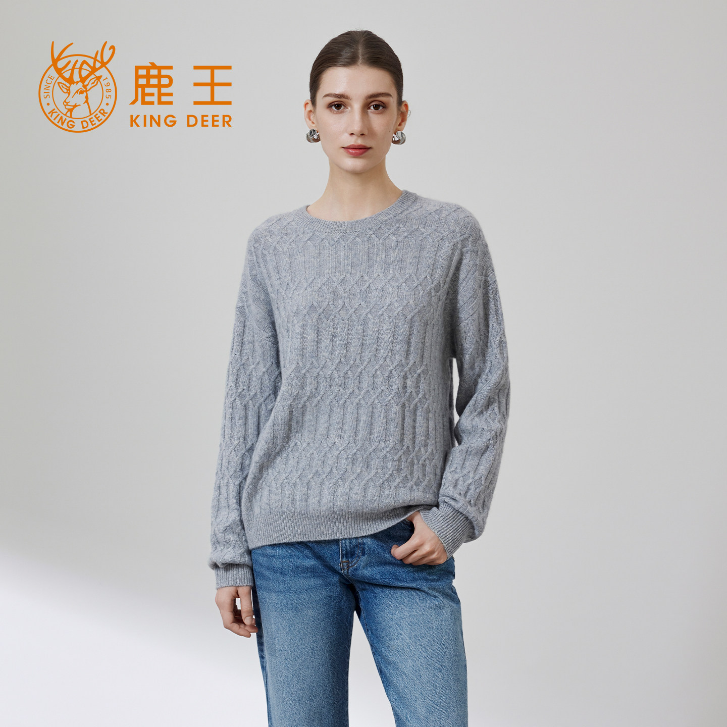 鹿王100%山羊绒女圆领针织衫