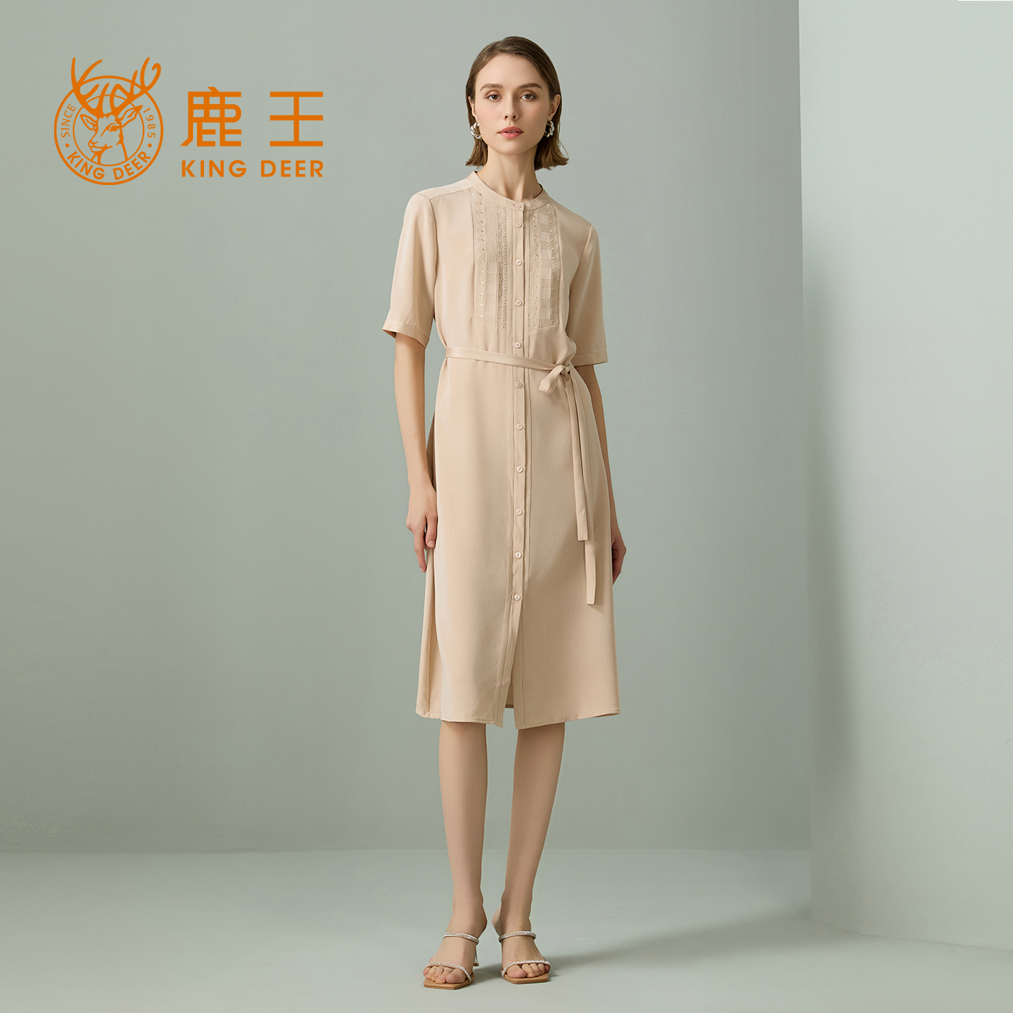 鹿王桑蚕丝连衣裙女士圆领短袖