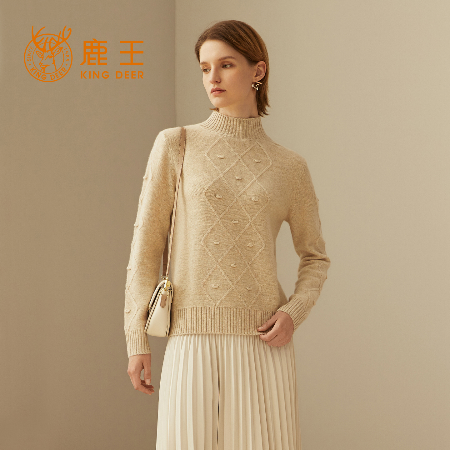 鹿王100%纯山羊绒衫女士半高领