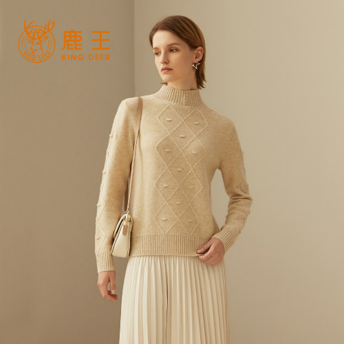 鹿王100%纯山羊绒衫女士半高领