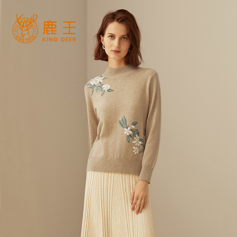 鹿王100%纯山羊绒衫女士半高领针织绣花打底毛衣套衫秋冬新款