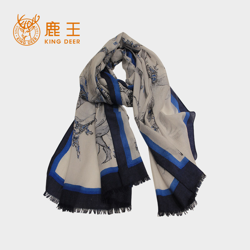 鹿王100%山羊绒精纺缩绒印花披肩