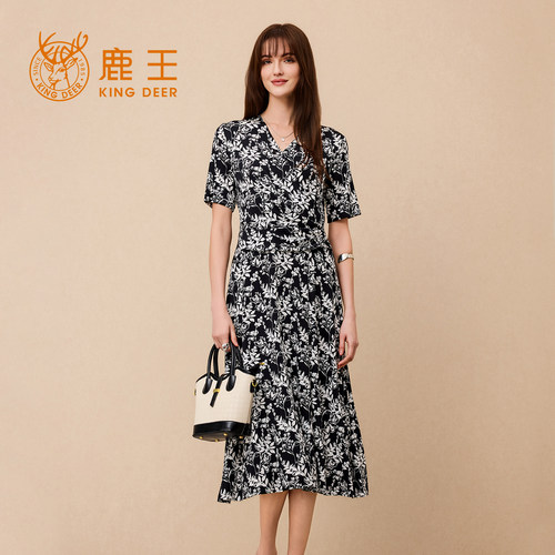 鹿王复古印花V领收腰显瘦连衣裙
