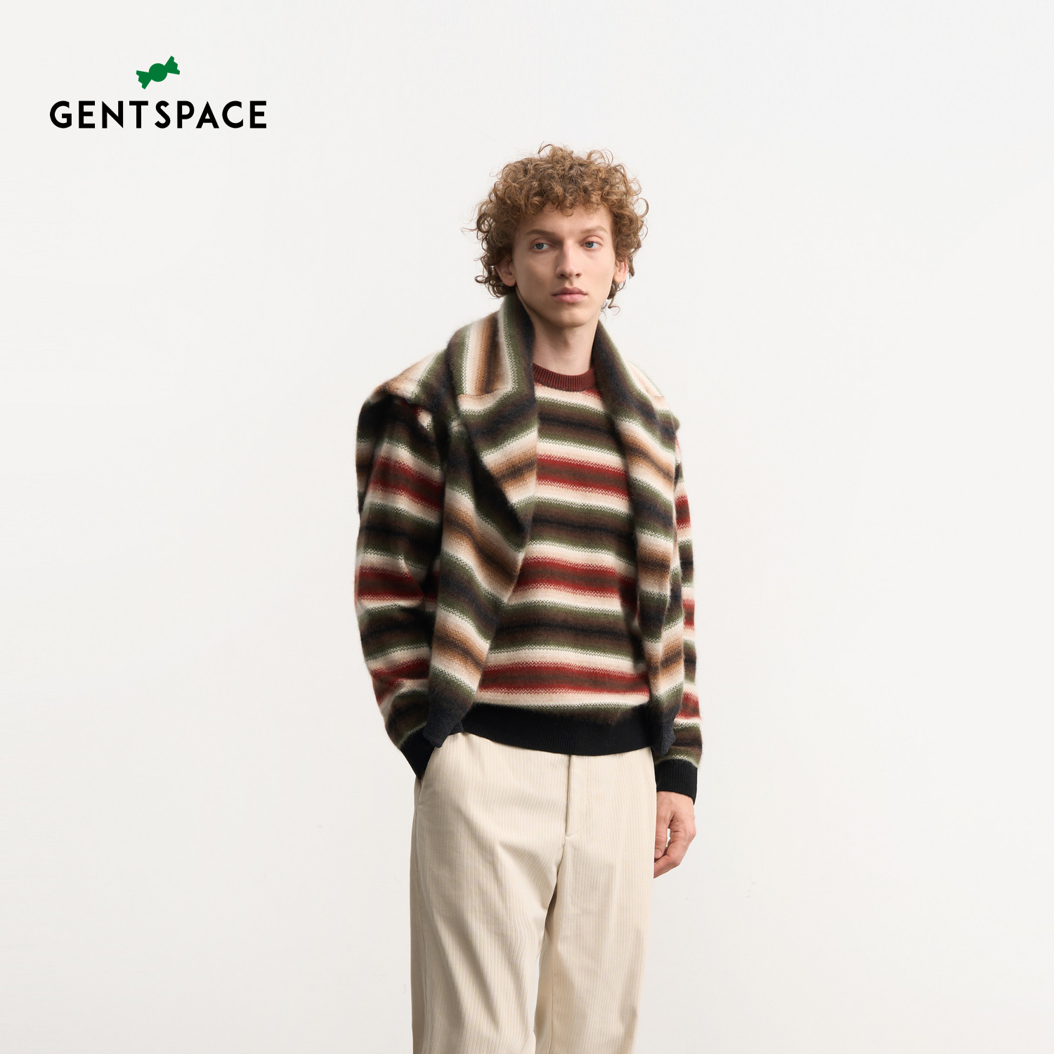 GENTSPACE2026年冬季新品羊毛羊绒混纺渐变条纹长袖针织衫男士