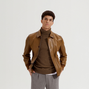 时尚 春新款 GENTSPACE 潮流棕色皮衣夹克外套男款 羊皮革
