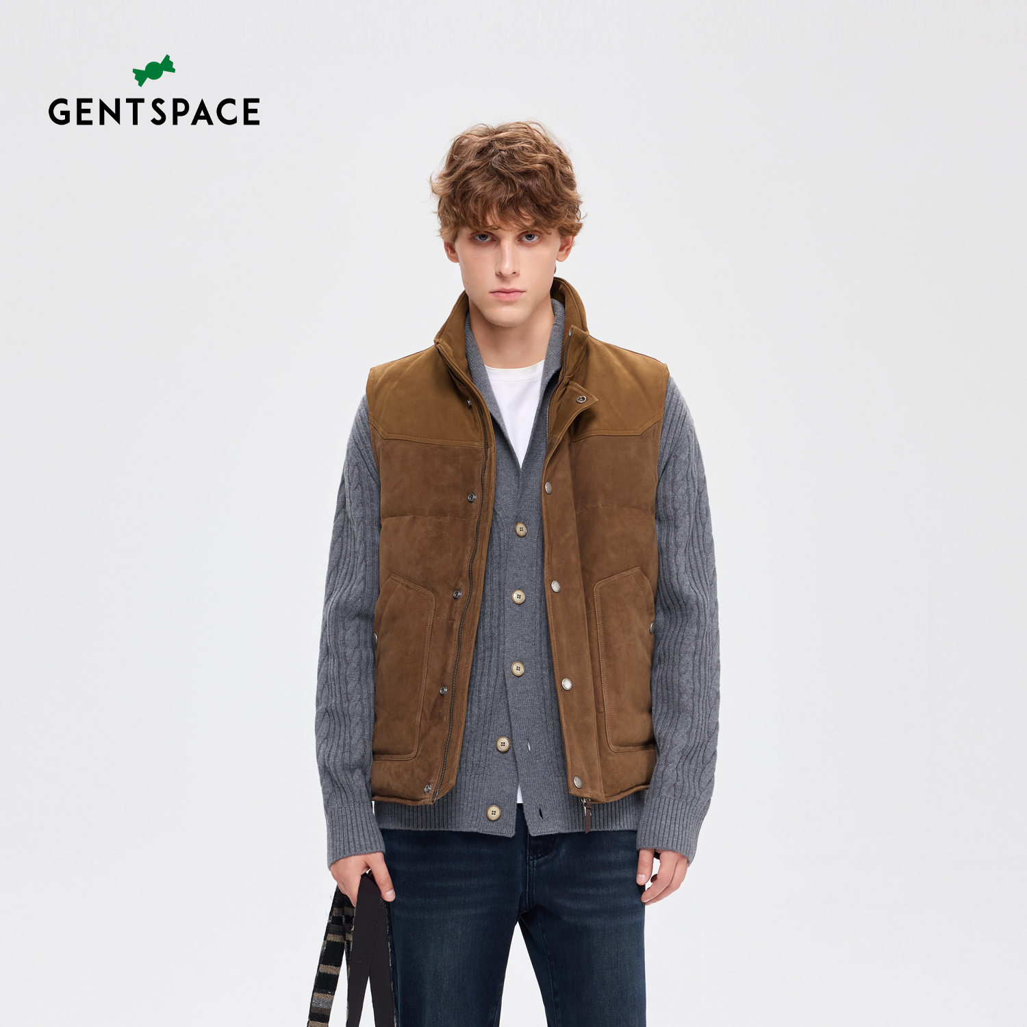 GENTSPACE冬季新款保暖立领鹅绒羽绒羊皮革马甲男款