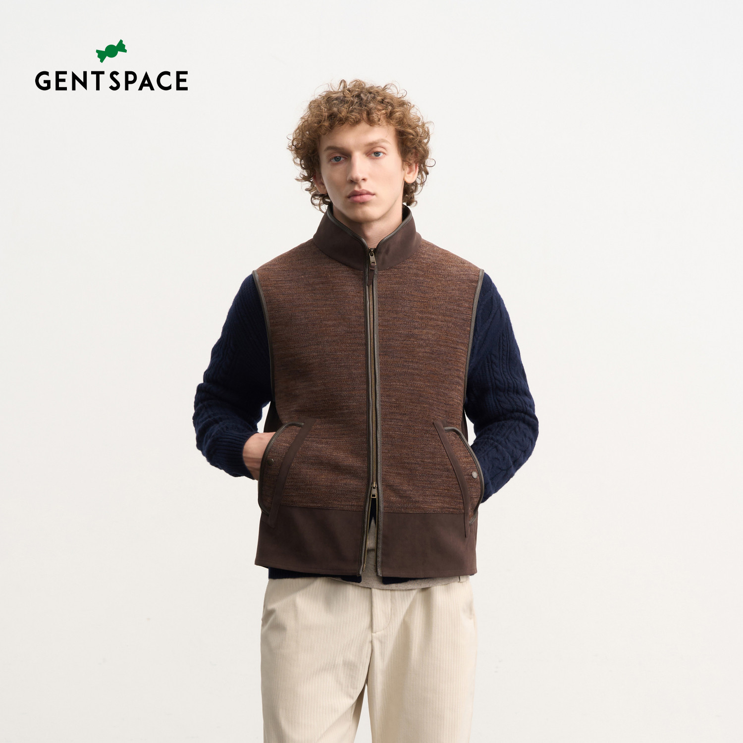 GENTSPACE2026年秋季新品雪尼尔混纺拼接立领休闲时尚单马甲男款图片