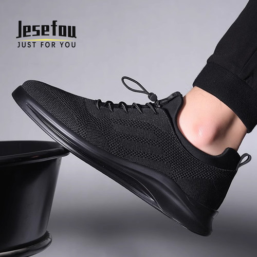 Jesefou男鞋春季潮流黑色运动鞋轻便舒适织物网面休闲鞋透气防臭