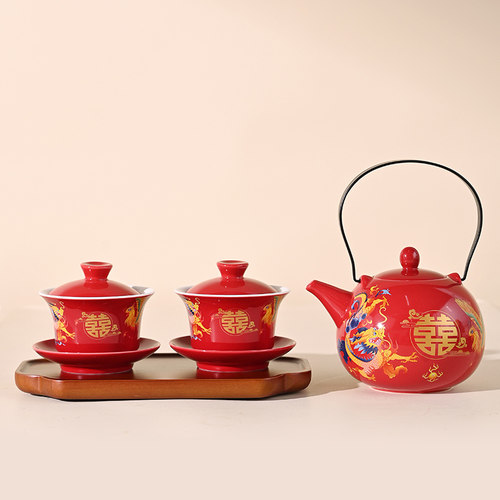 国潮龙凤结婚敬茶套装改口敬茶杯喜碗一对碗筷茶壶陪嫁送新人礼物