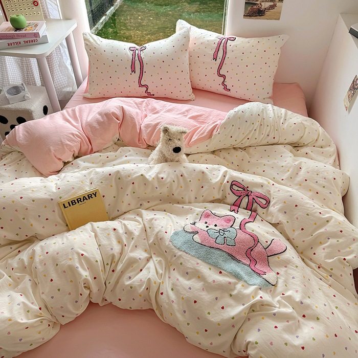 ins毛巾绣水洗棉四件套卡通萌趣被套超柔床笠学生宿舍床单三件套,床上用品,学生床品套件,淘宝优惠券,粉丝福利购,淘宝优惠卷