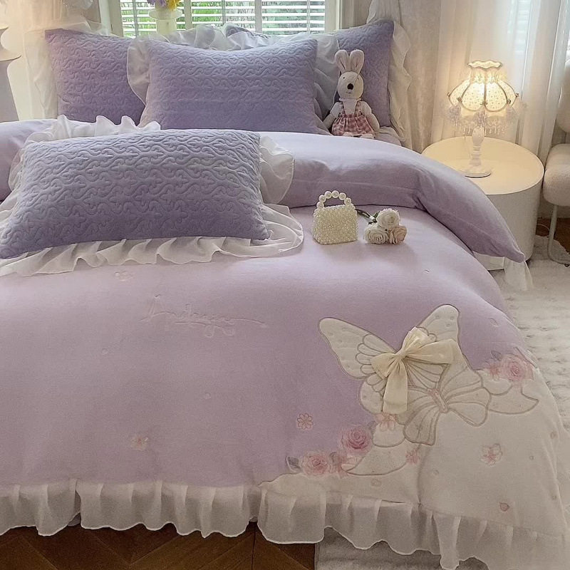 2025新款亲肤舒适加厚牛奶绒花边床盖款床裙四件套-浪漫蝴蝶结