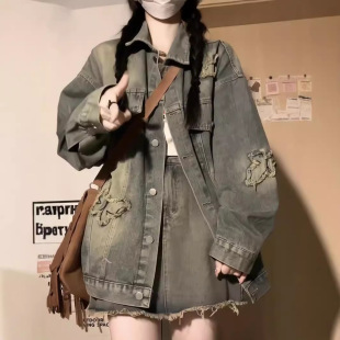 韩版复古设计感刺绣水洗牛仔外套女学生秋冬新款美式港风夹克上衣