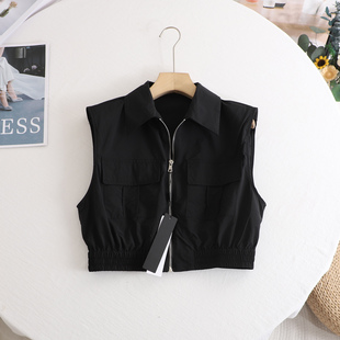 新款 马甲背心25夏季 气质显瘦POLO领百搭显瘦黑色上衣 甜酷工装 艾