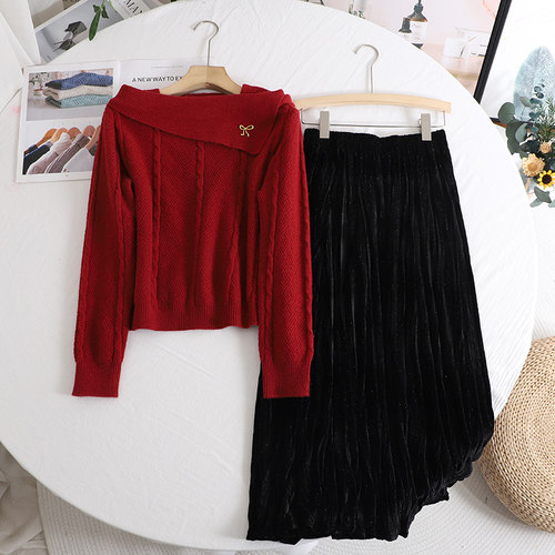 影系！一套搭很好看~气质一字肩红色毛衣黑色丝绒烫钻半身裙套装