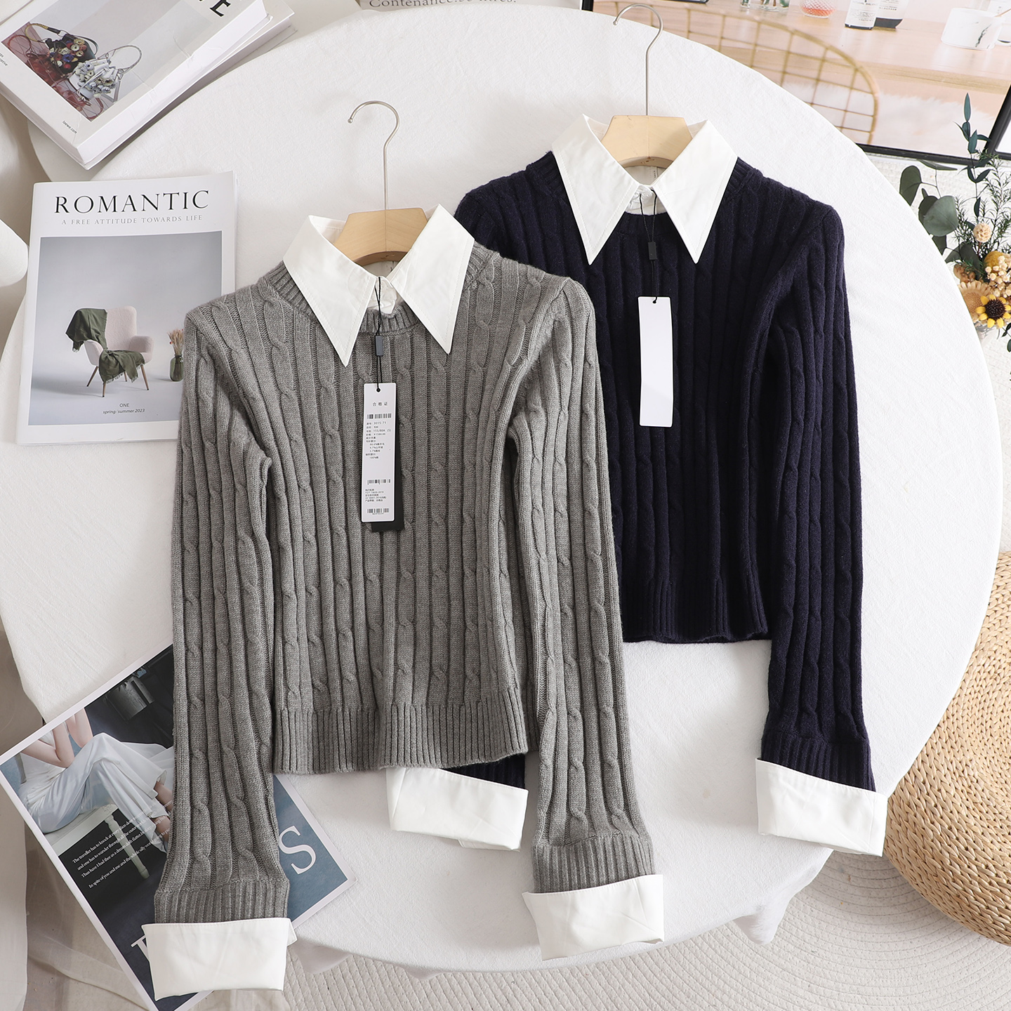 时尚百搭气质假两件拼色针织衫