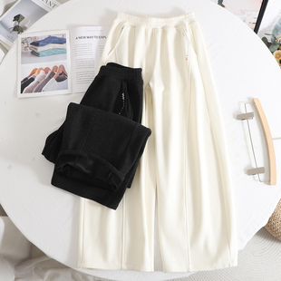 宽松口袋刺绣气质休闲弯刀裤 新款 女2025冬季 高腰显瘦加绒阔腿裤