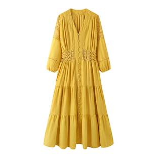 黄亦玫同款！2025夏季新款时尚百搭气质法式茶歇v领黄色连衣裙女