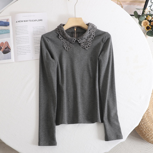 法式气质蕾丝翻领加绒打底衫2025冬优雅灰色套头修身显瘦打底衫女
