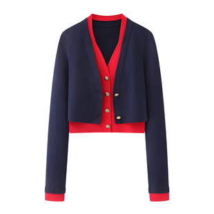 假两件挂脖撞色V领针织开衫 长袖 女2026春季 显瘦短款 毛衣 时尚 艾