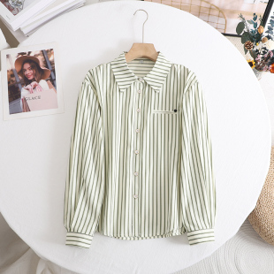 2025春季 衬衫 新款 绿色条纹长袖 减龄宽松休闲显瘦衬衣女 法式 阔