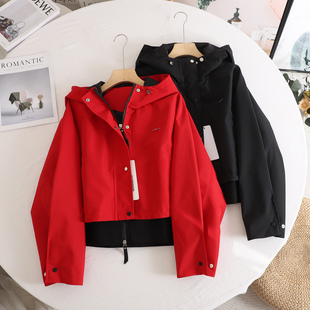鸟家 时尚气质连帽拉链冲锋衣外套女宽松休闲百搭拼接便服2025秋