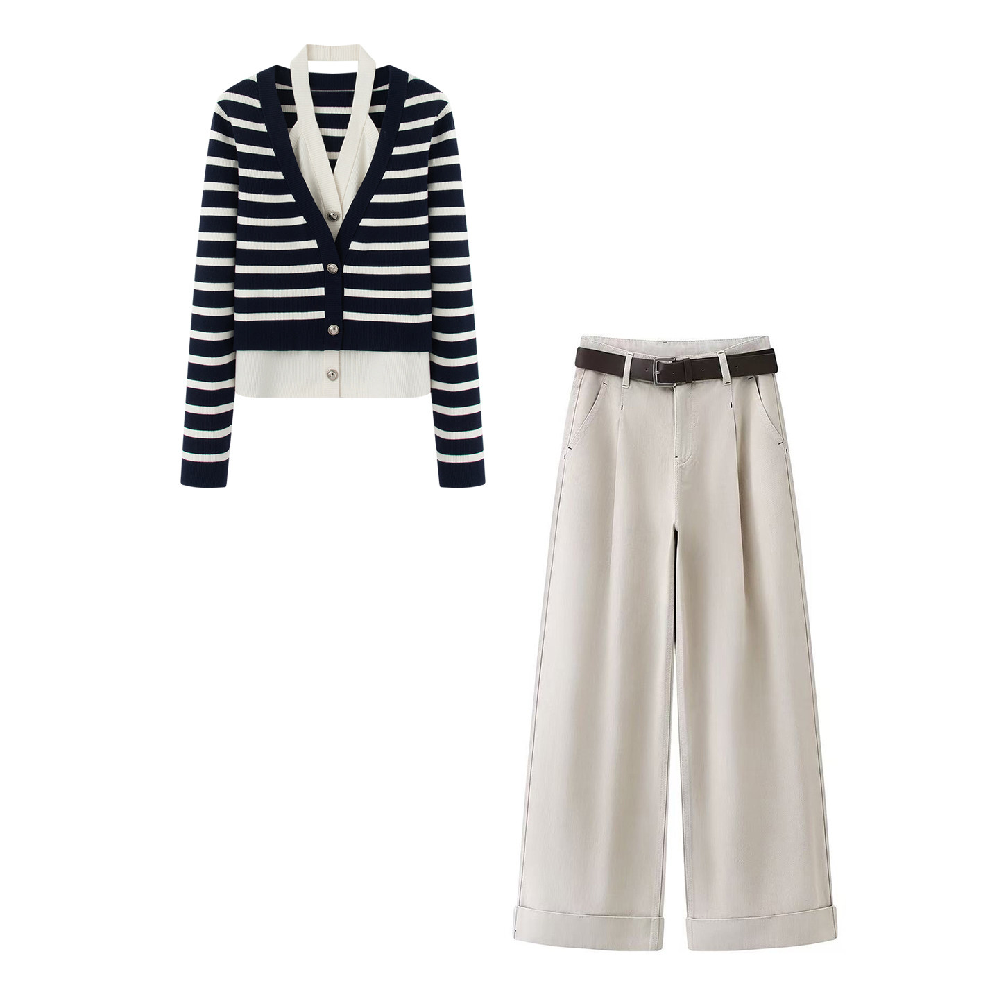 艾 学院风撞色时尚套装女2026春条纹针织衫高腰显瘦百褶裙牛仔裤,女装/女士精品,时尚套装,淘宝优惠券,粉丝福利购,淘宝优惠卷