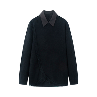 艾 2025秋冬 气质POLO领显瘦假两件毛衣女黑色拼接流苏边针织衫