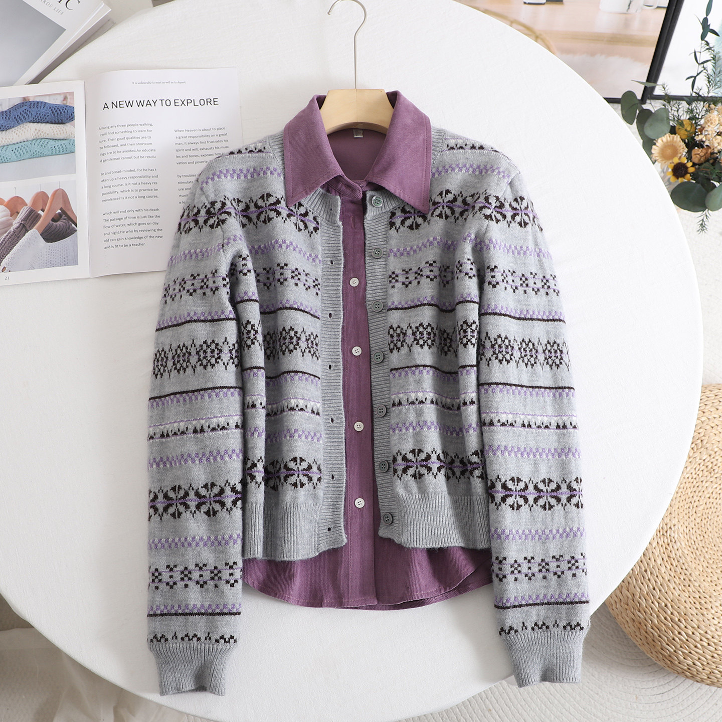 法式费尔岛提花针织衫衬衫套装