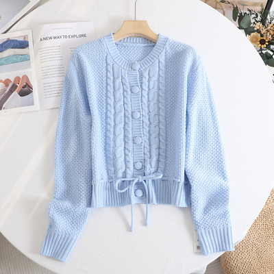 温柔风蓝色绞花显瘦收腰针织开衫