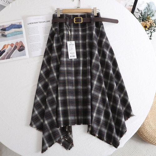 复古格纹高腰显瘦A字腰带半身裙