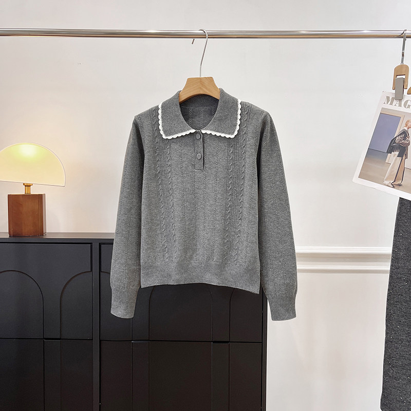 法式花边POLO领针织衫女2025冬季灰色减龄百搭套头长袖毛衣上衣,女装/女士精品,毛针织衫,淘宝优惠券,粉丝福利购,淘宝优惠卷