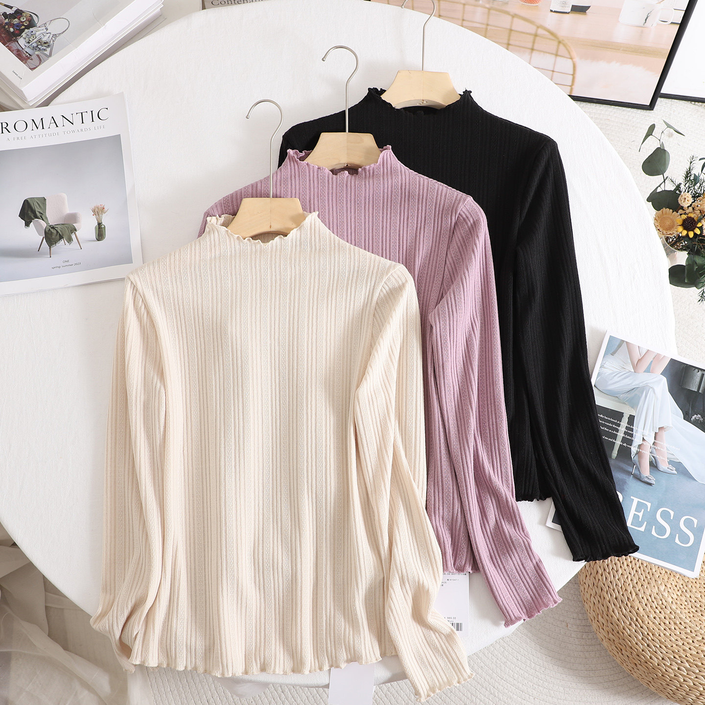 法式温柔复古甜美紫色木耳边打底