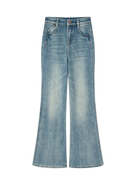 艾 蓝色高腰微喇牛仔裤女2026春季新款百搭休闲显瘦修身阔腿长裤