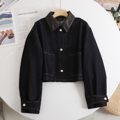 迪 宽松休闲慵懒感牛仔短外套2026春装新款拼皮领百搭牛仔夹克女